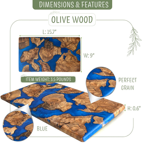 Designium blue resin river on olive wood board enhances coastal style entertaining.