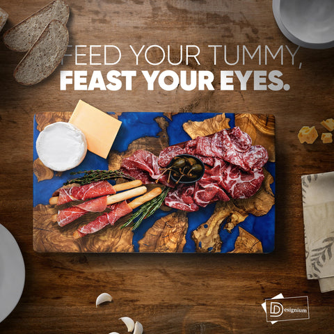 Designium live-edge olive wood board showcased as versatile serving platter.