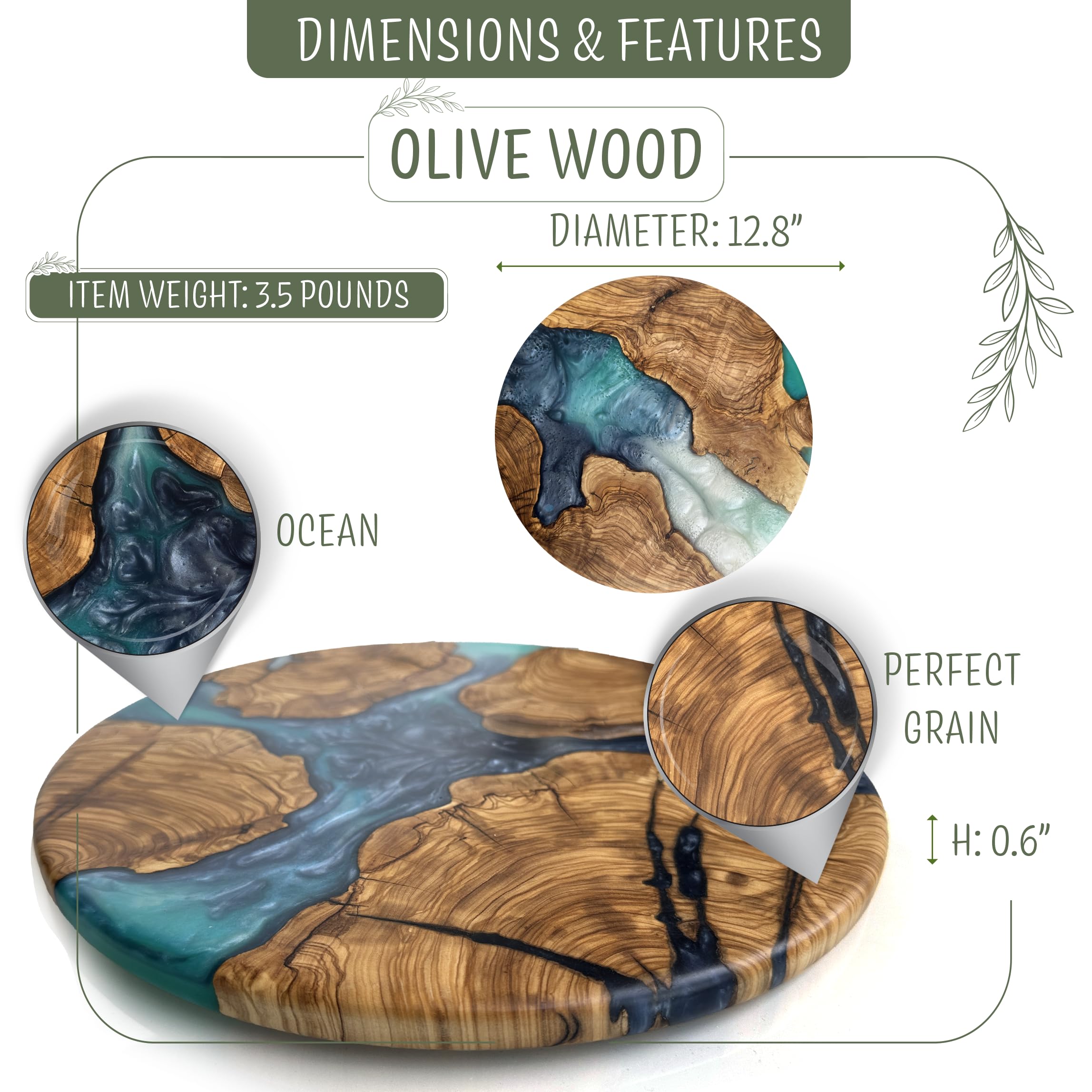 Designium olive wood round board with blue resin art enhances presentation.