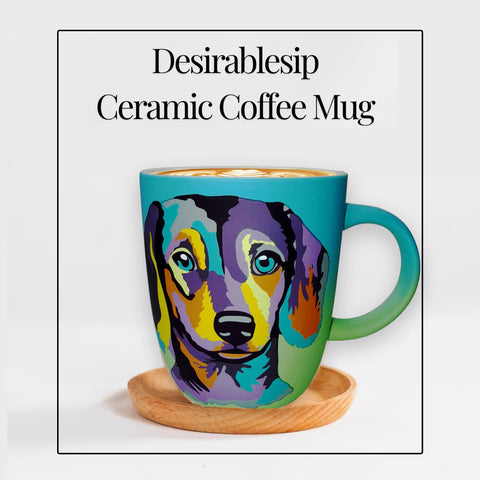 DesirableSip Dachshund Blue Mug in office setup brightens desk coffee breaks.