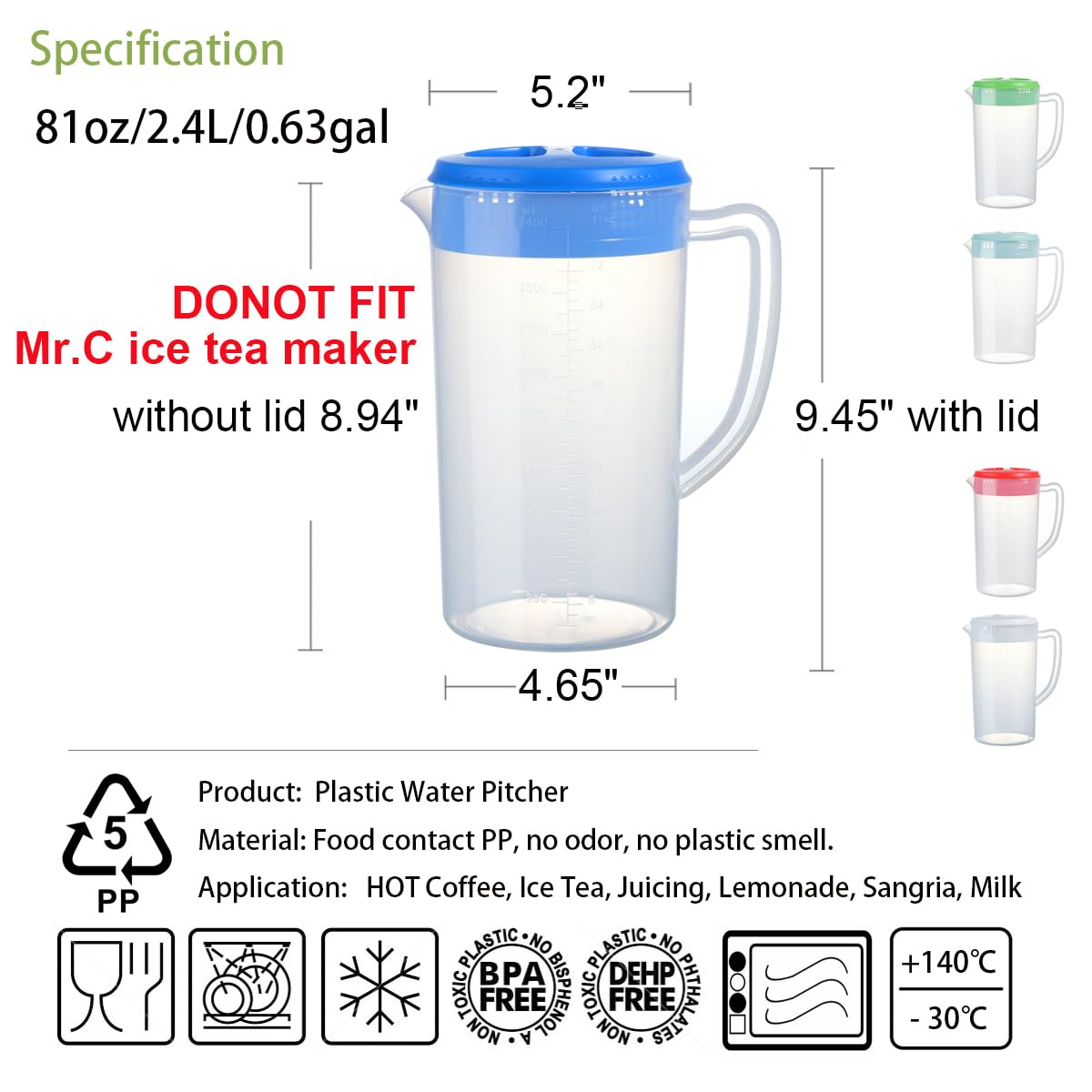 DesJ BPA-free pitcher close-up showing lid design.