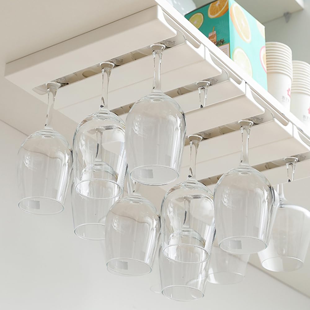 DESONAUT under-shelf wine rack fits champagne and cocktail glasses securely.