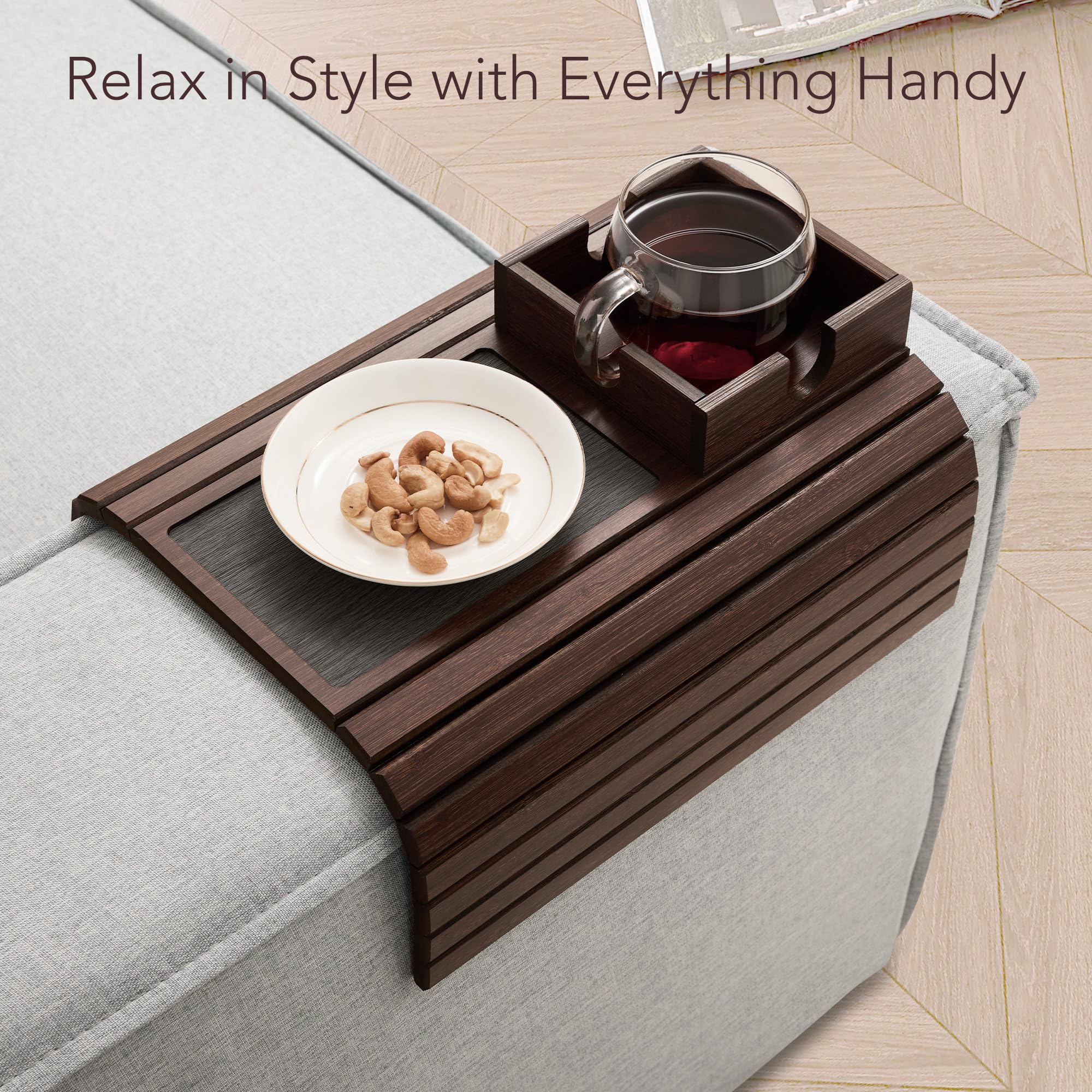 DETOR arm tray brown bamboo finish adds warm elegance to living spaces.