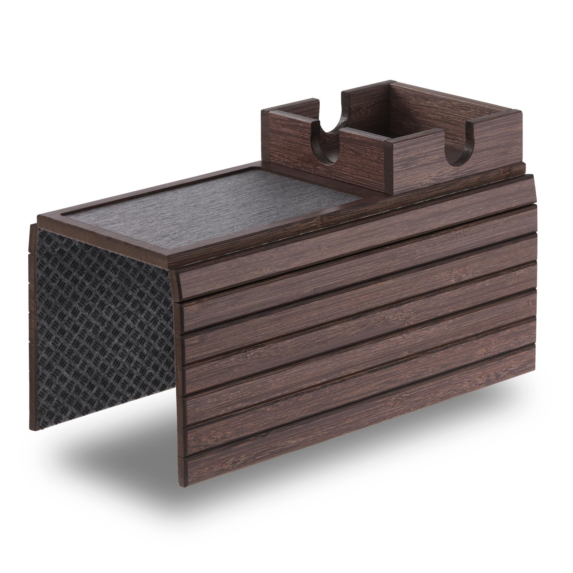 DETOR couch cup holder tray with leather pad keeps drinks steady on sofa.