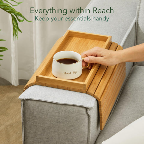 DETOR Couch Tray in natural bamboo finish adds warm, organic style.
