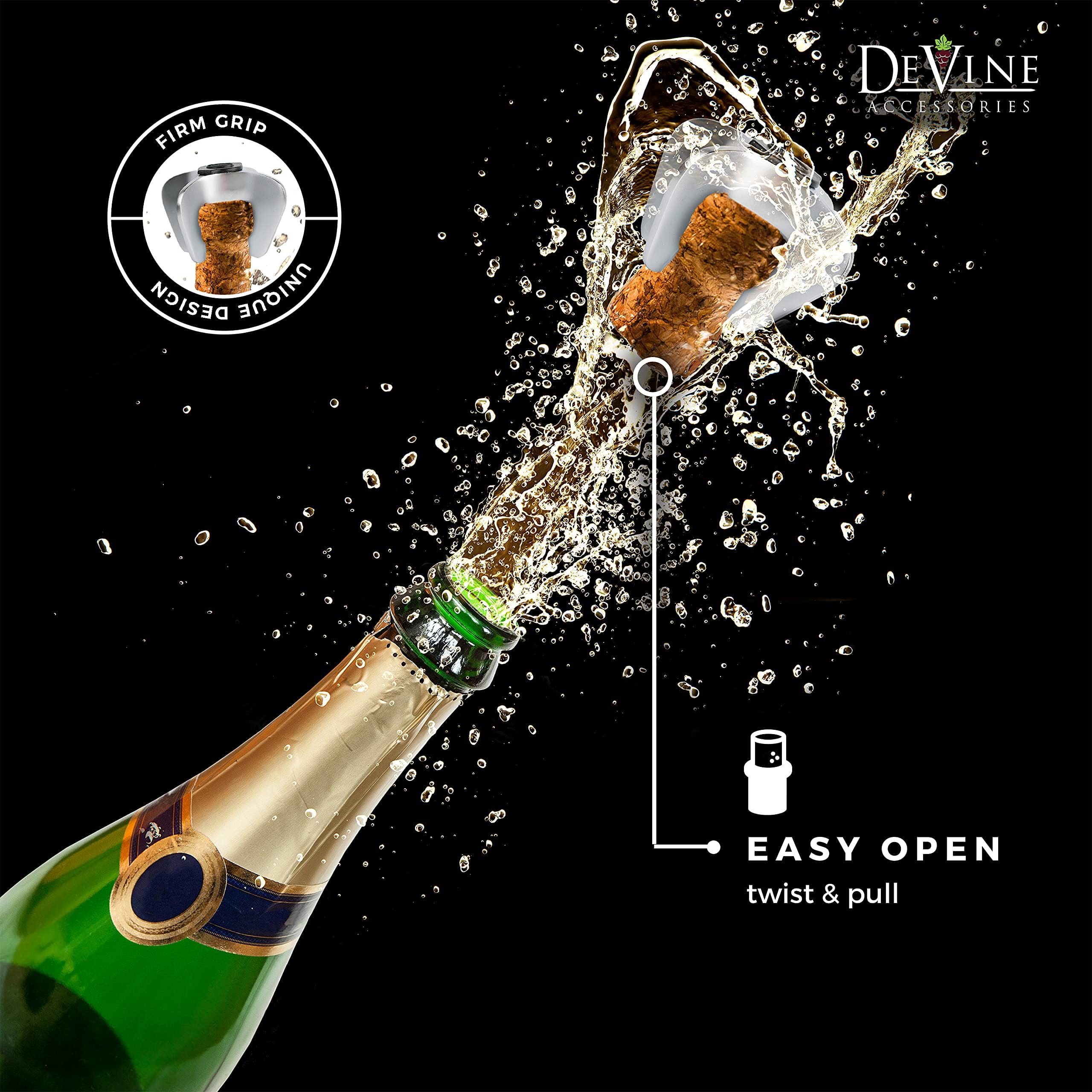DeVine twist-action cork release delivers clean pops with minimal effort.