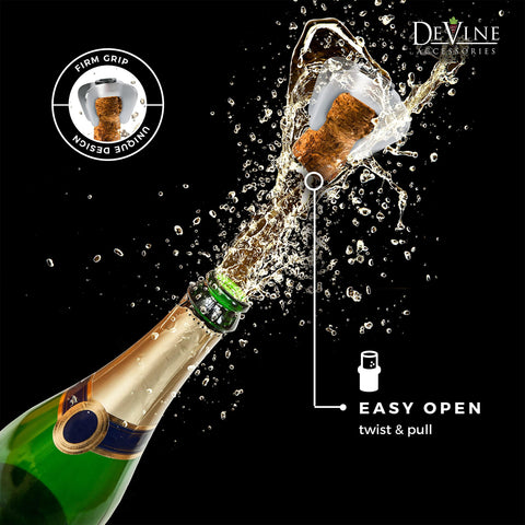 DeVine twist-action cork release delivers clean pops with minimal effort.