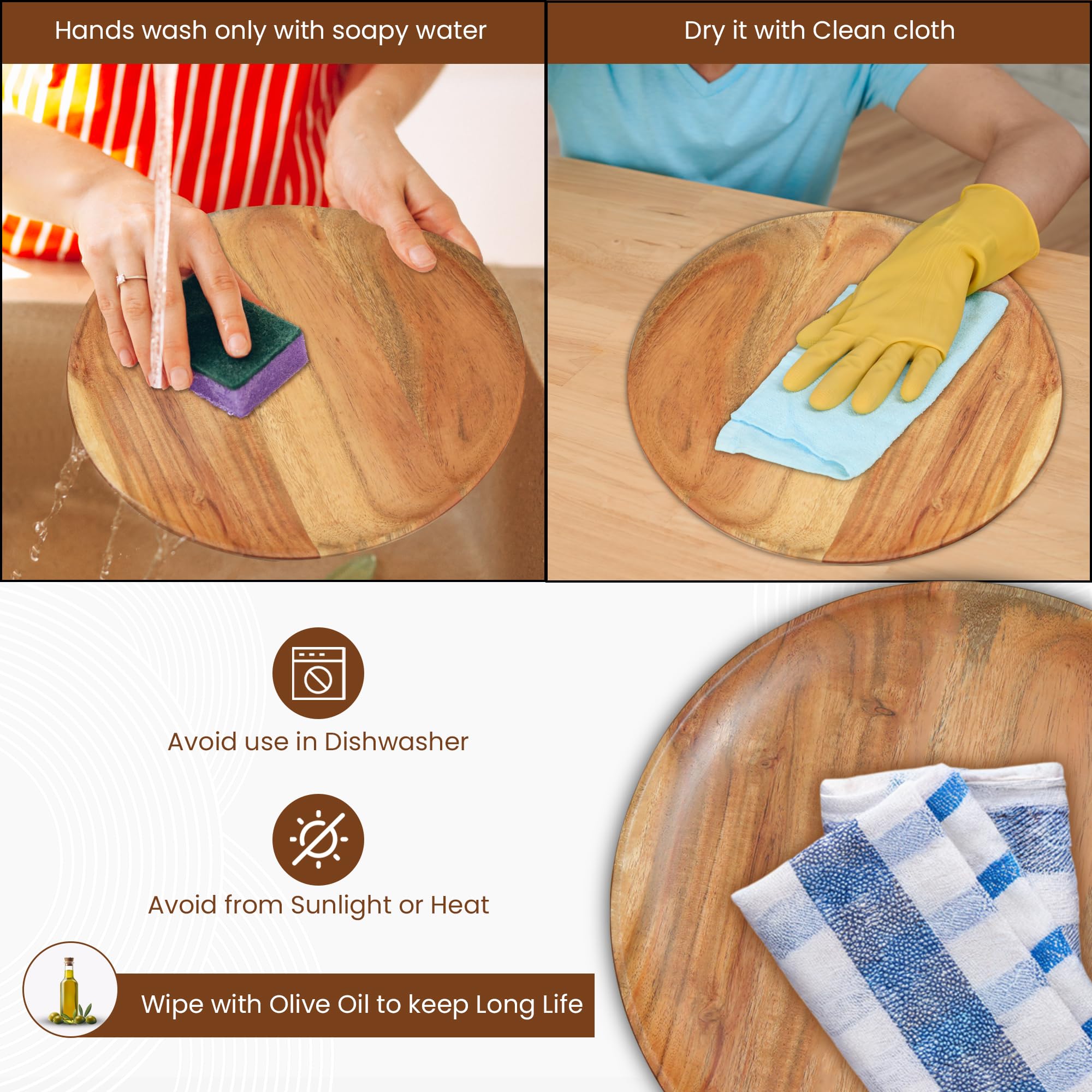 DEVLA acacia charger plates care instructions; wipe clean and oil to preserve finish.