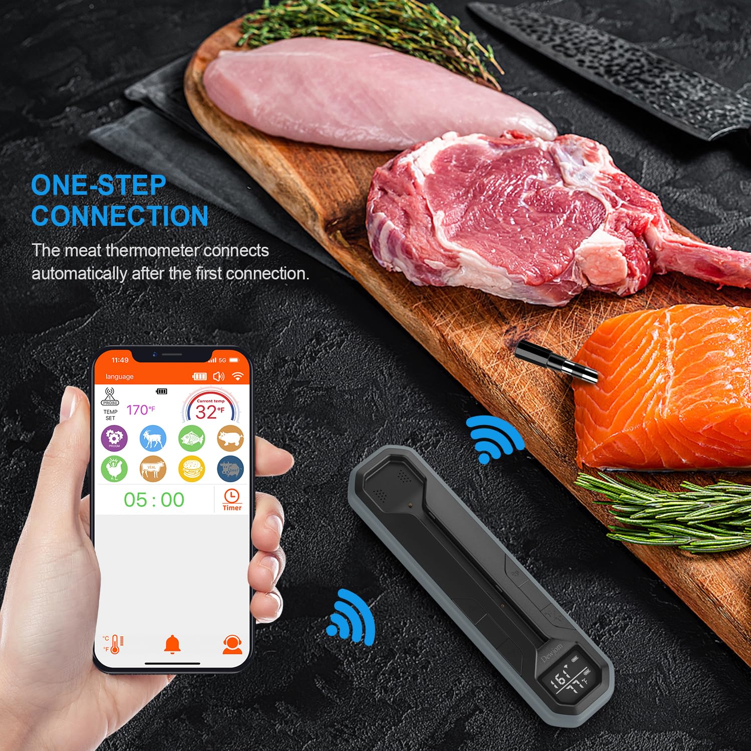 Dewjom food-grade probe delivers accurate temperature for safe, tasty results.