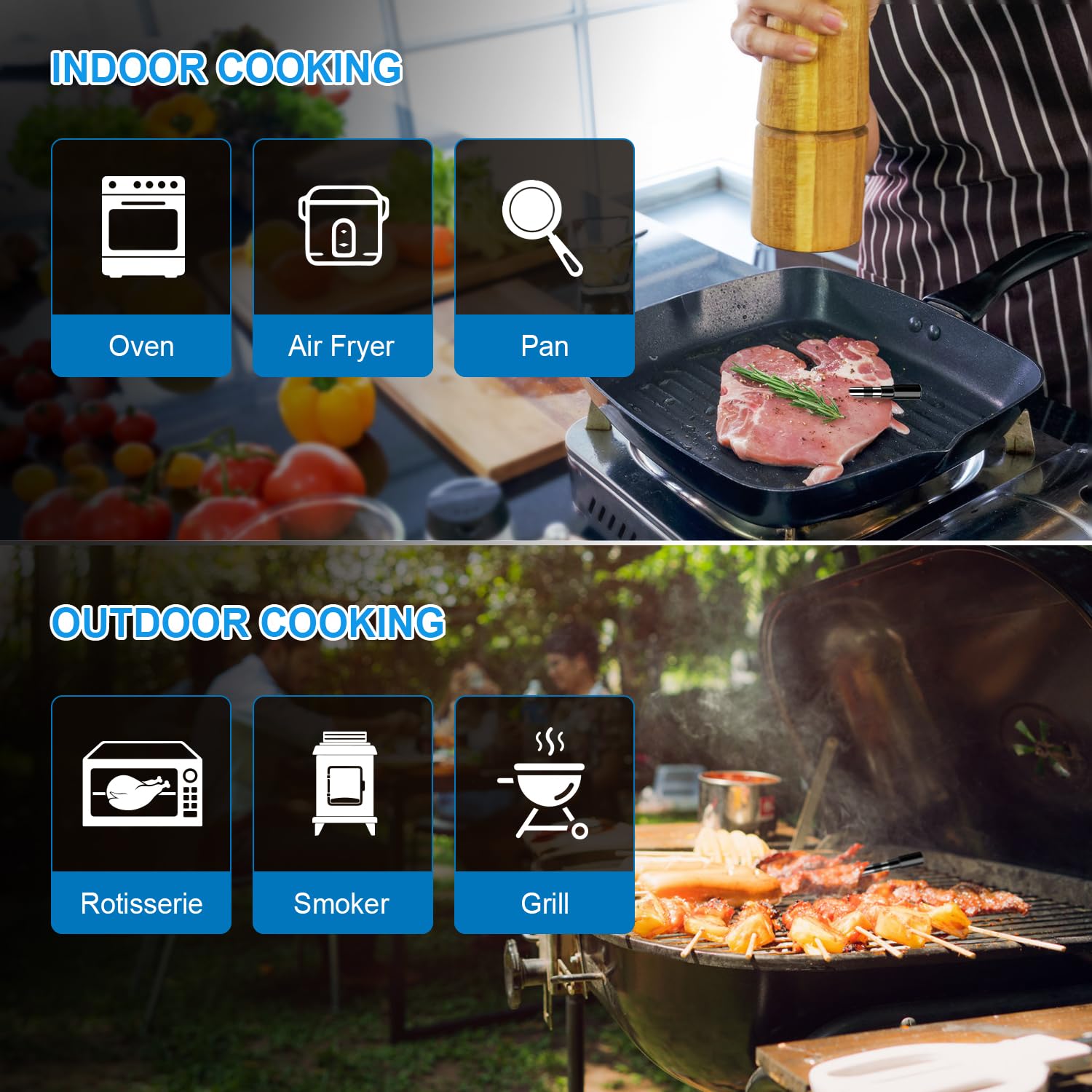 Dewjom preprogrammed temperature functions simplify grilling beef, pork, fish, and more.