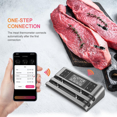 Dewjom probe inside oven enables continuous monitoring during cooking