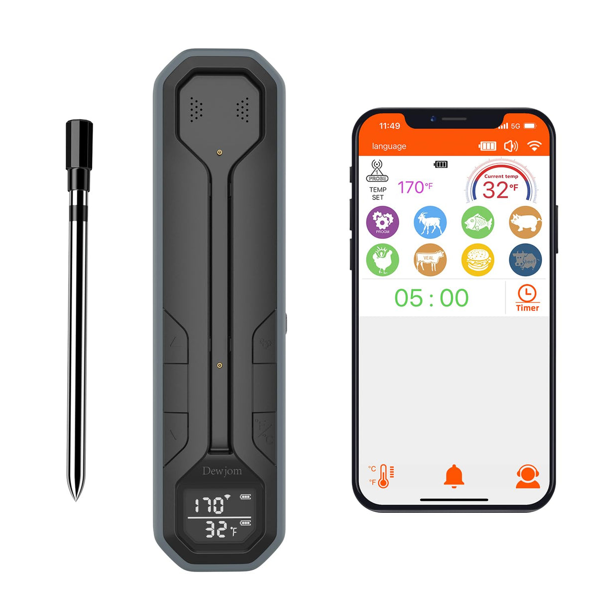 Dewjom wireless thermometer with app setup for precise cooking control.