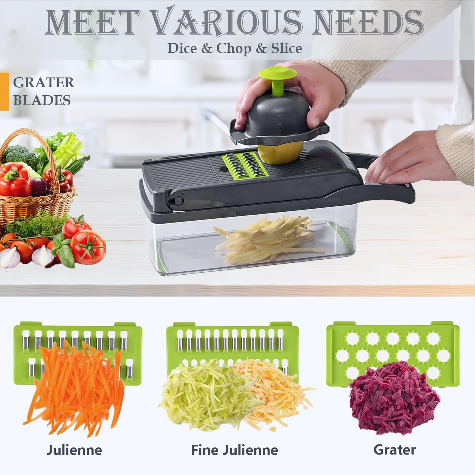 Dewpeton Interchangeable Blades highlight flexible chopping, shredding, and grating.
