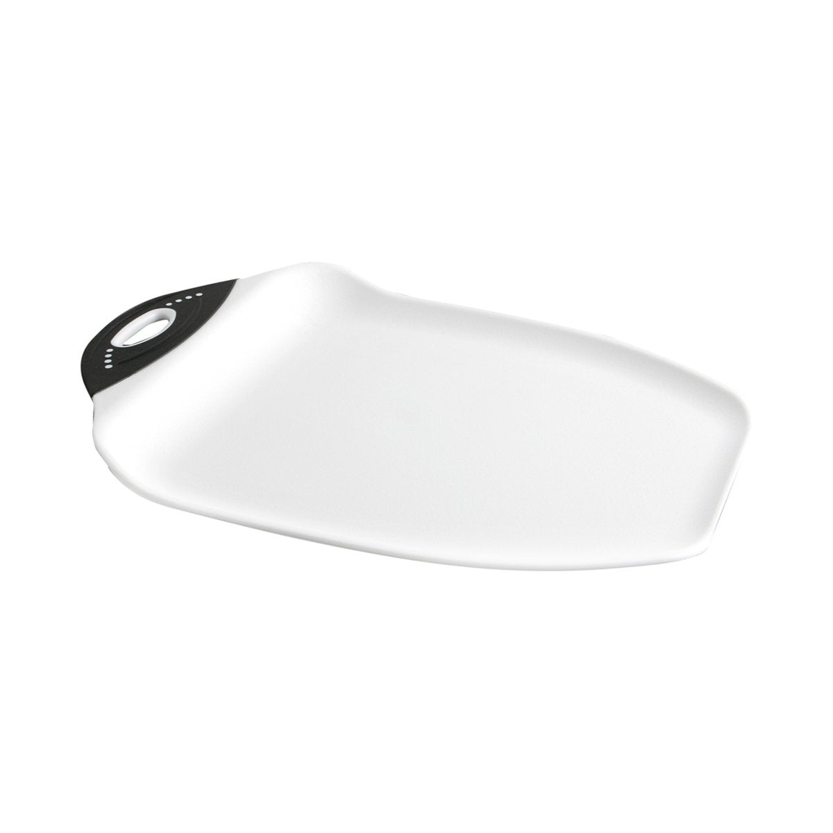 Dexas Chop & Scoop with curved edges guiding chopped produce into a pan