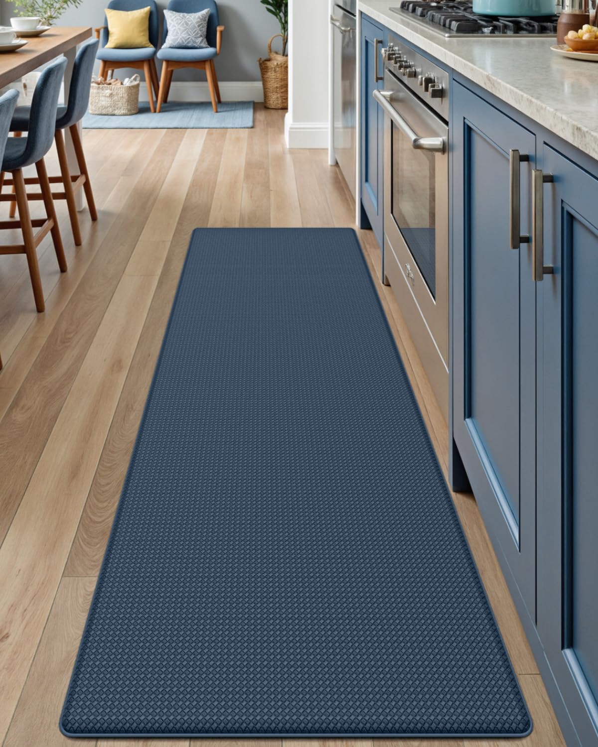 DEXI kitchen floor mat navy full view showing cushioned anti-fatigue surface.