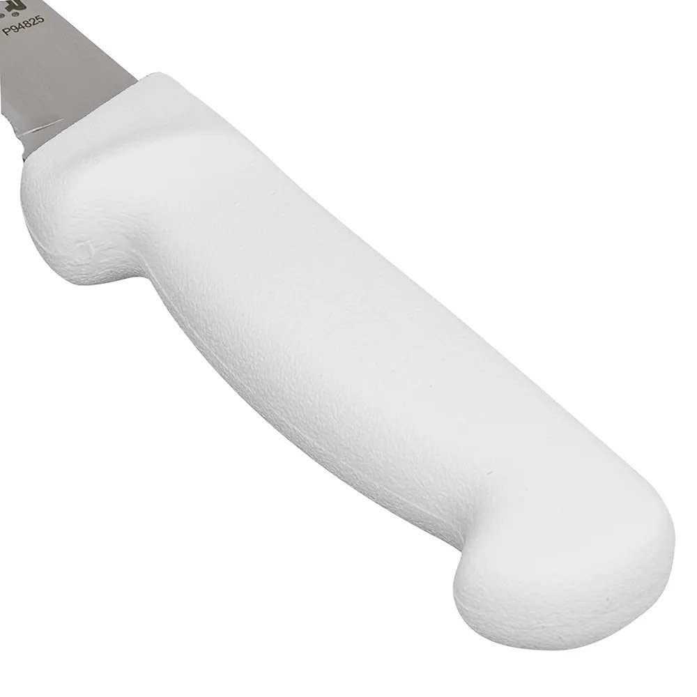 Dexter-Russell boning knife with white handle for sanitary, easy-to-clean use.