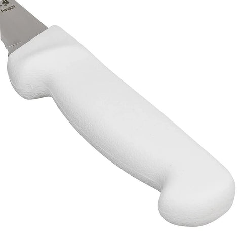 Dexter-Russell boning knife with white handle for sanitary, easy-to-clean use.