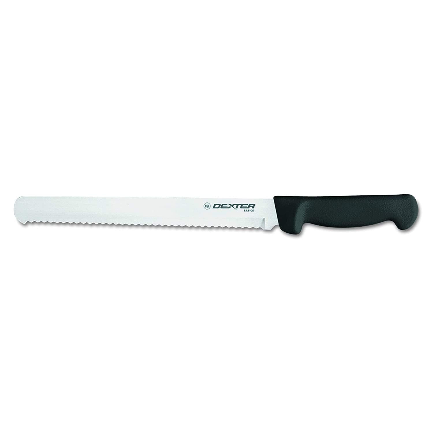 Dexter-Russell Basics P94804B close-up of scalloped edge blade and textured black handle for grip
