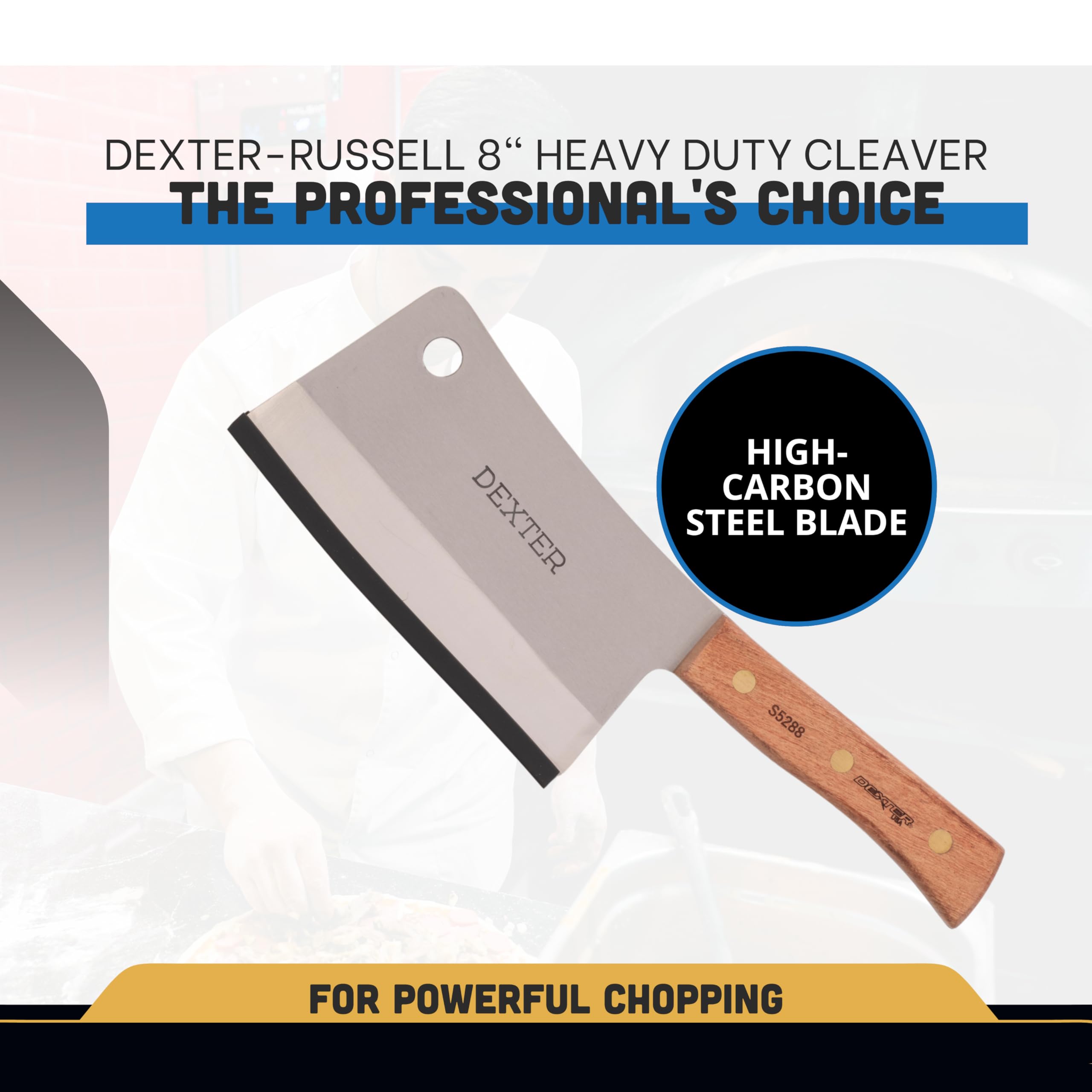 Dexter-Russell cleaver in use, cleanly slicing meat.