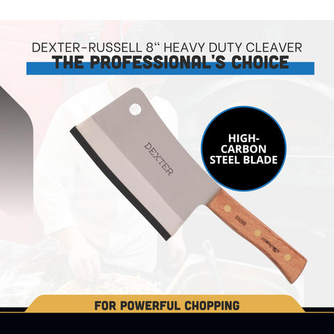 Dexter-Russell cleaver in use, cleanly slicing meat.
