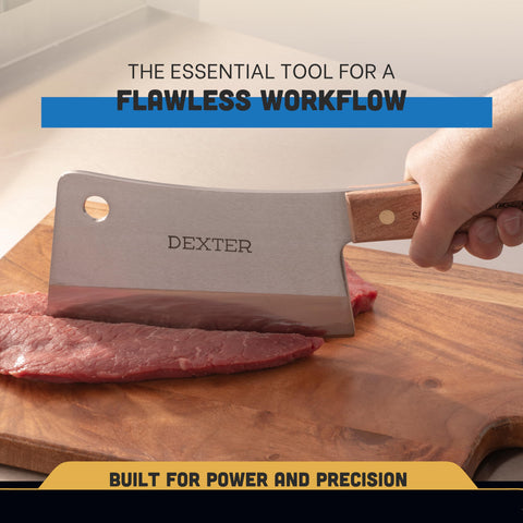 Dexter-Russell high-carbon steel blade detail, long-lasting edge.