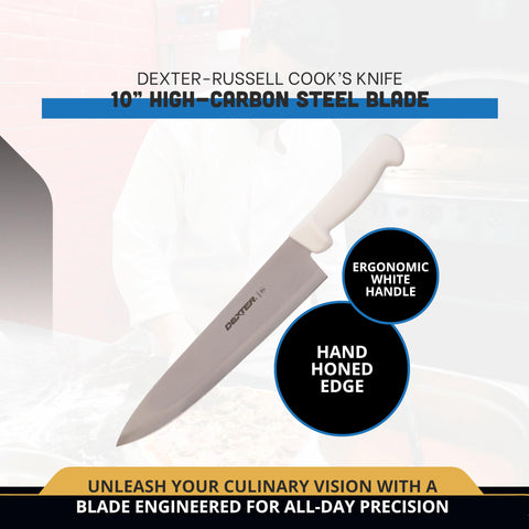 Dexter-Russell P94802 ergonomic white handle offering a secure, comfortable grip during long prep sessions.