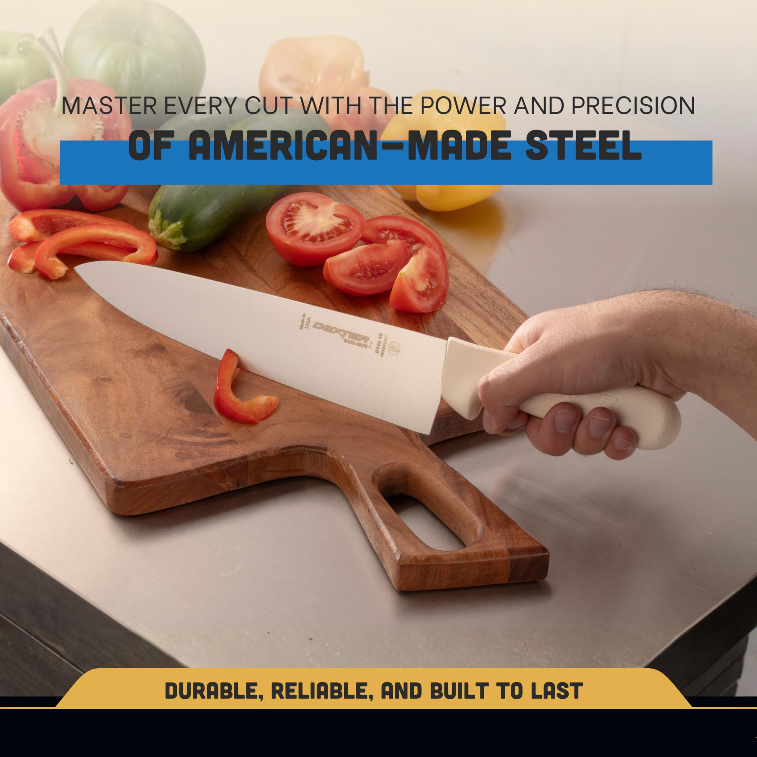 Dexter-Russell S145-10PCP knife on cutting board demonstrates balanced weight.