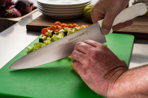 Dexter-Russell S145-10PCP textured handle close-up showing slip-resistant grip for safe prep.