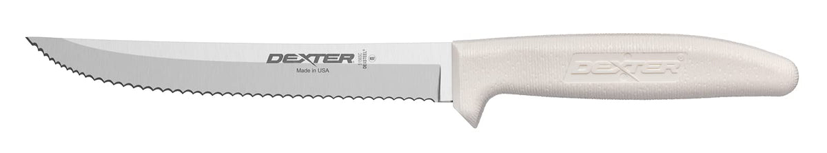 Dexter-Russell Sani-Safe 6-Inch scalloped knife with white PP handle for precise bread slicing.