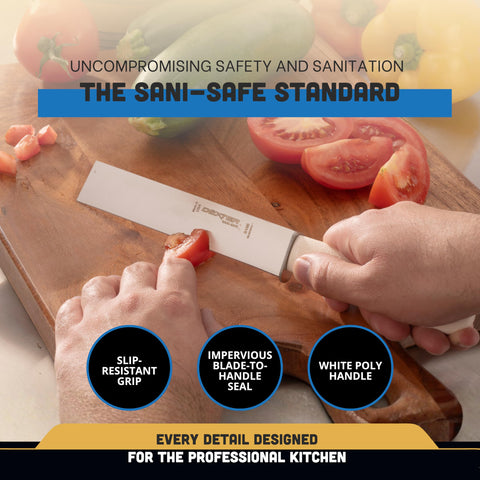 Dexter-Russell Sani-Safe 6in blade close-up highlights easy maintenance.