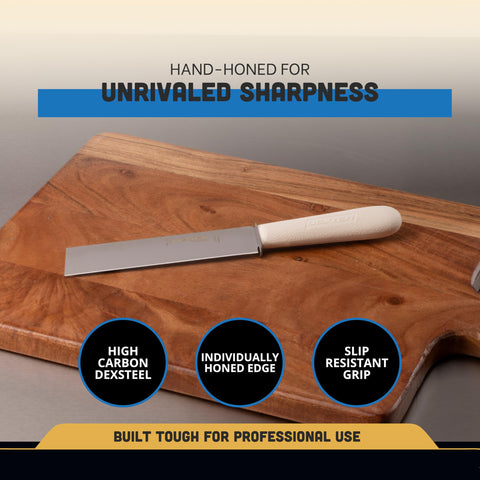 Dexter-Russell Sani-Safe 6in knife with metal finger guard for safer chopping.