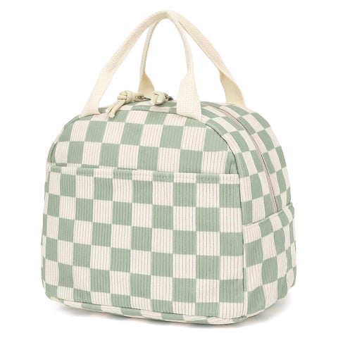 Dezcrab corduroy lunch bag in checkered green, ideal for school meals and daily use.