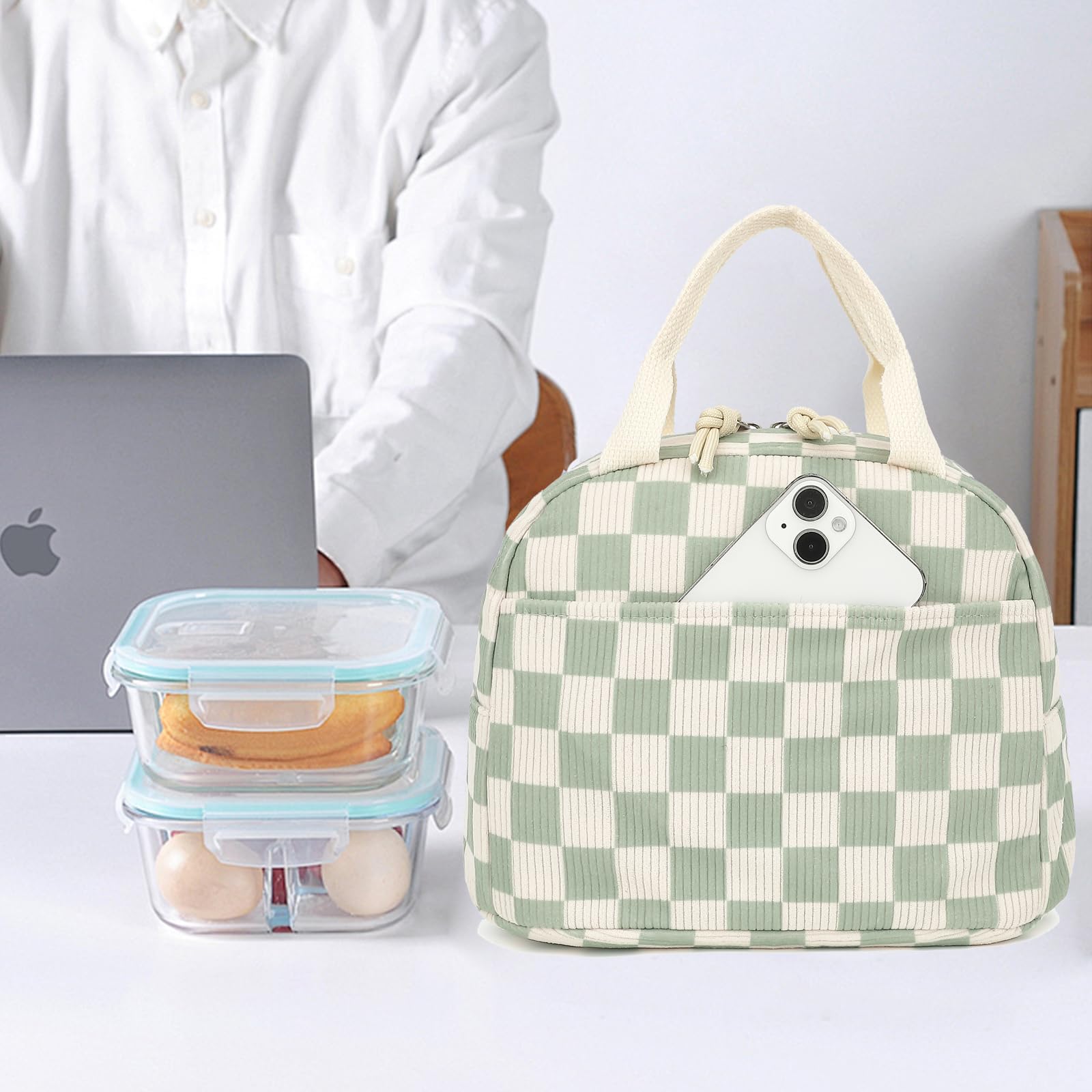 Dezcrab insulated lunch bag with corduroy finish for fresh-kept meals.