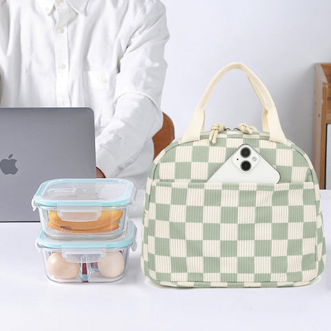 Dezcrab insulated lunch bag with corduroy finish for fresh-kept meals.