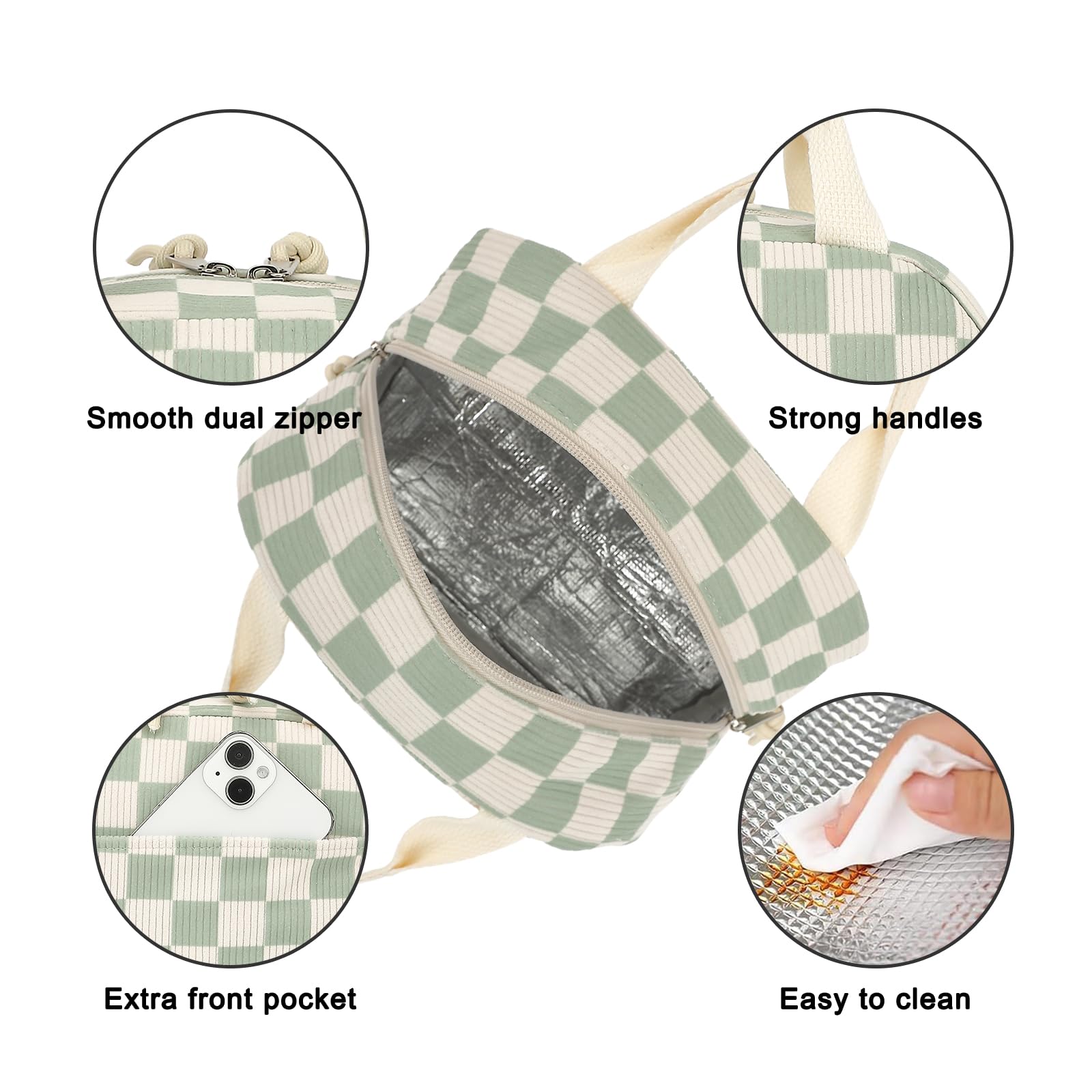 Dezcrab corduroy lunch bag with sturdy handle for easy transport.