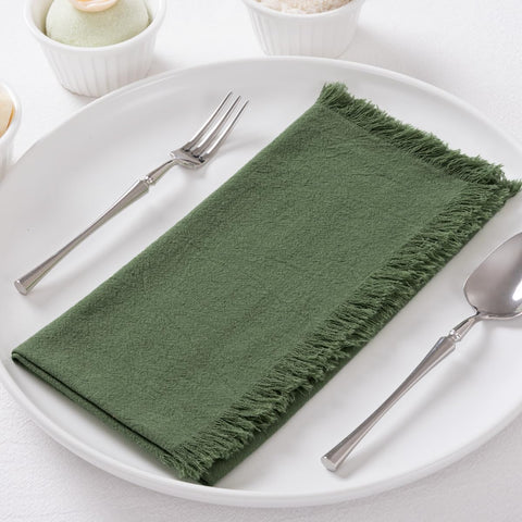 DeZerlor olive green napkins with fringe on rustic wedding table decor