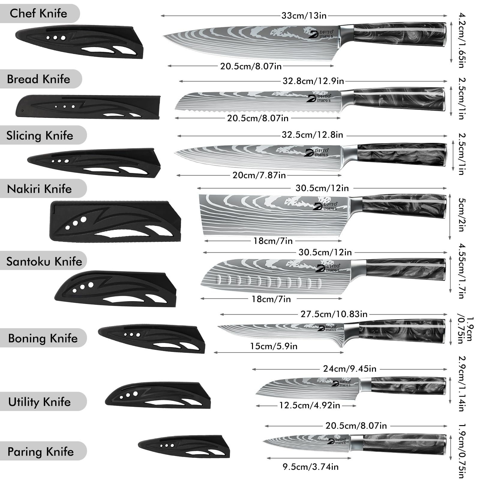 Dfito 8-inch chef knife close-up highlighting razor-sharp edge.