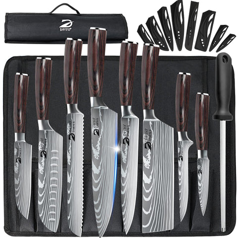 Dfito chef knife set with roll bag, 8-piece portable kit for on the go prep.