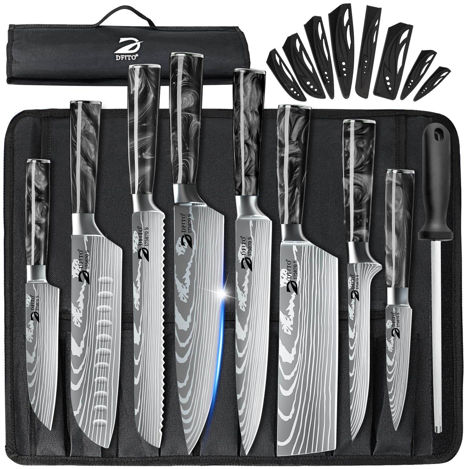 Dfito 9-piece knife set with roll bag, complete kitchen prep ready.