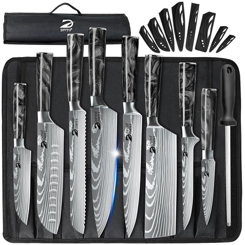 Dfito 9-piece knife set with roll bag, complete kitchen prep ready.