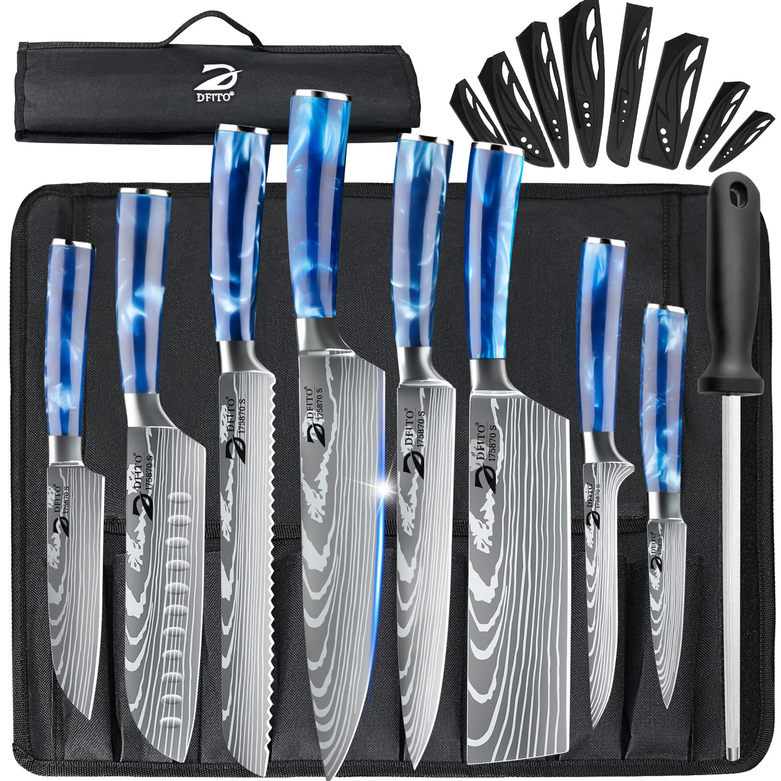 Dfito chef knife set with roll bag for portable, organized kitchen prep.