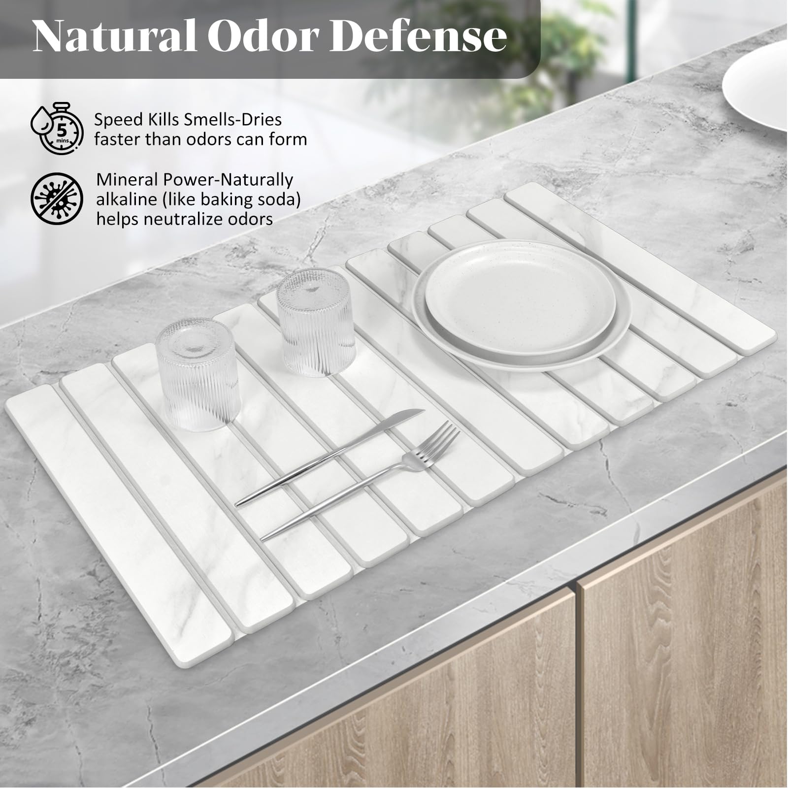 DFJKJUU large 28x16 mat covers ample counter space for drying dishes.