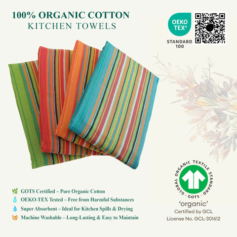 DG Collections Salsa Stripe towel drying dishes quickly with lint-free performance.