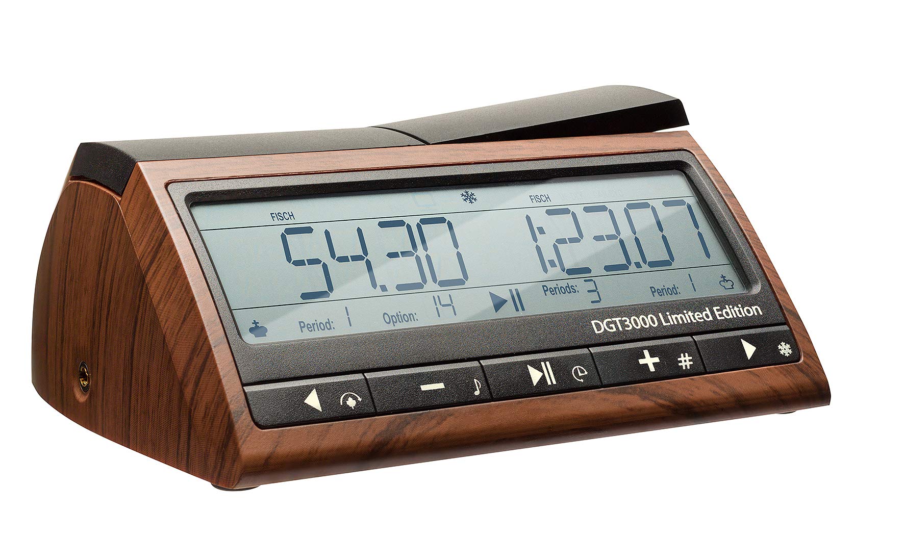 DGT3000 LE wooden-look chess timer front view highlighting the large start-to-second display for precise timing.