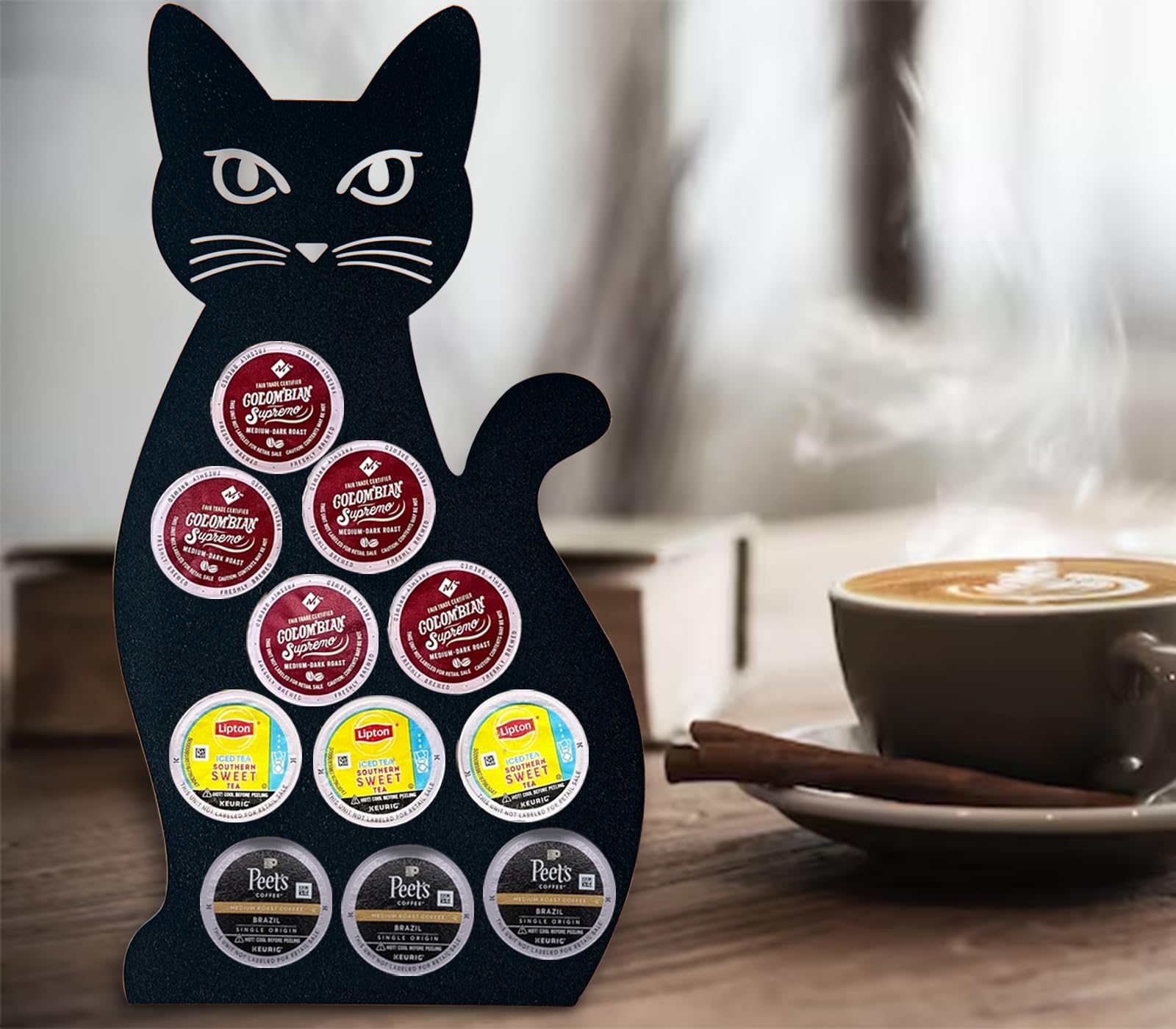 dgudgu cat coffee pod holder side view highlights sleek steel construction