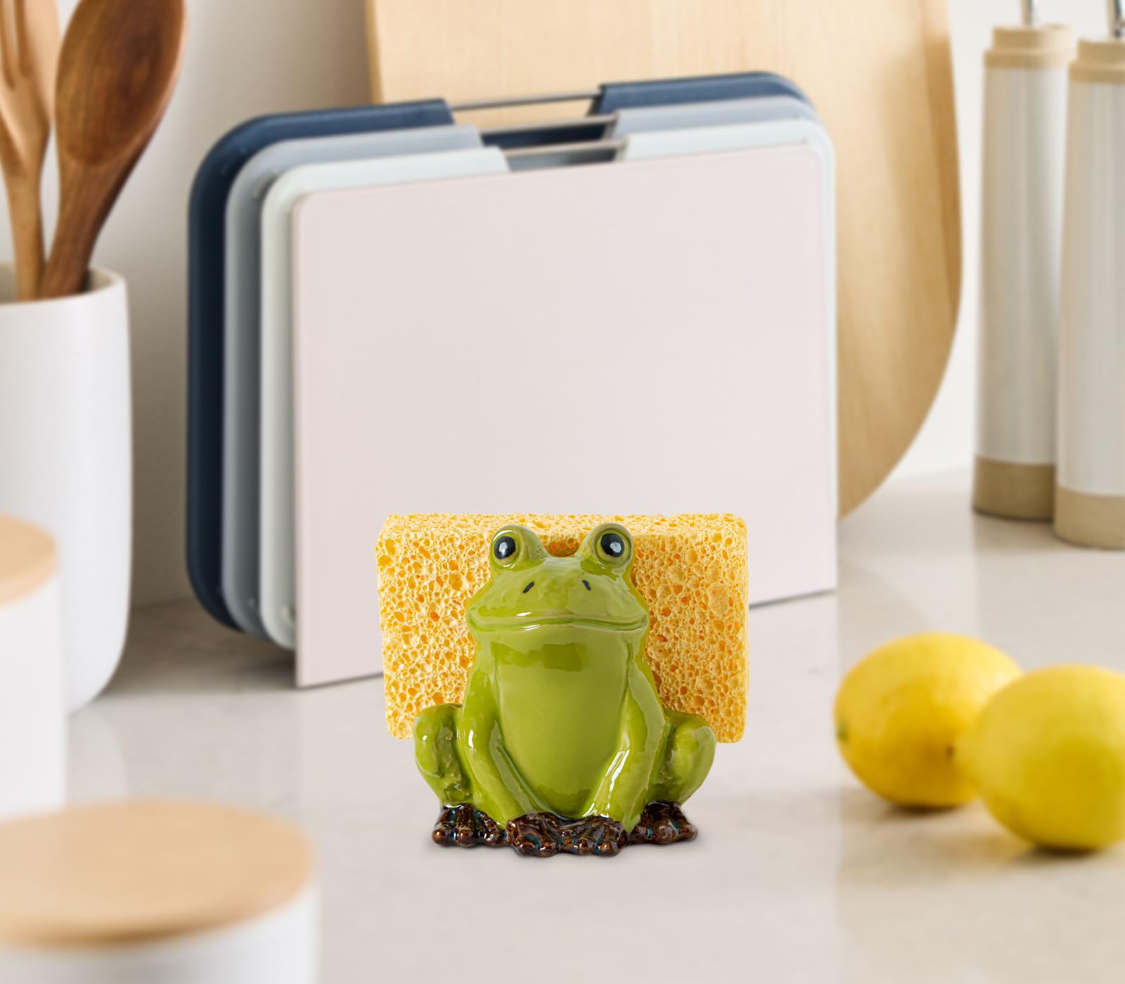 dgudgu frog-shaped ceramic sponge holder adds whimsy to the sink area.