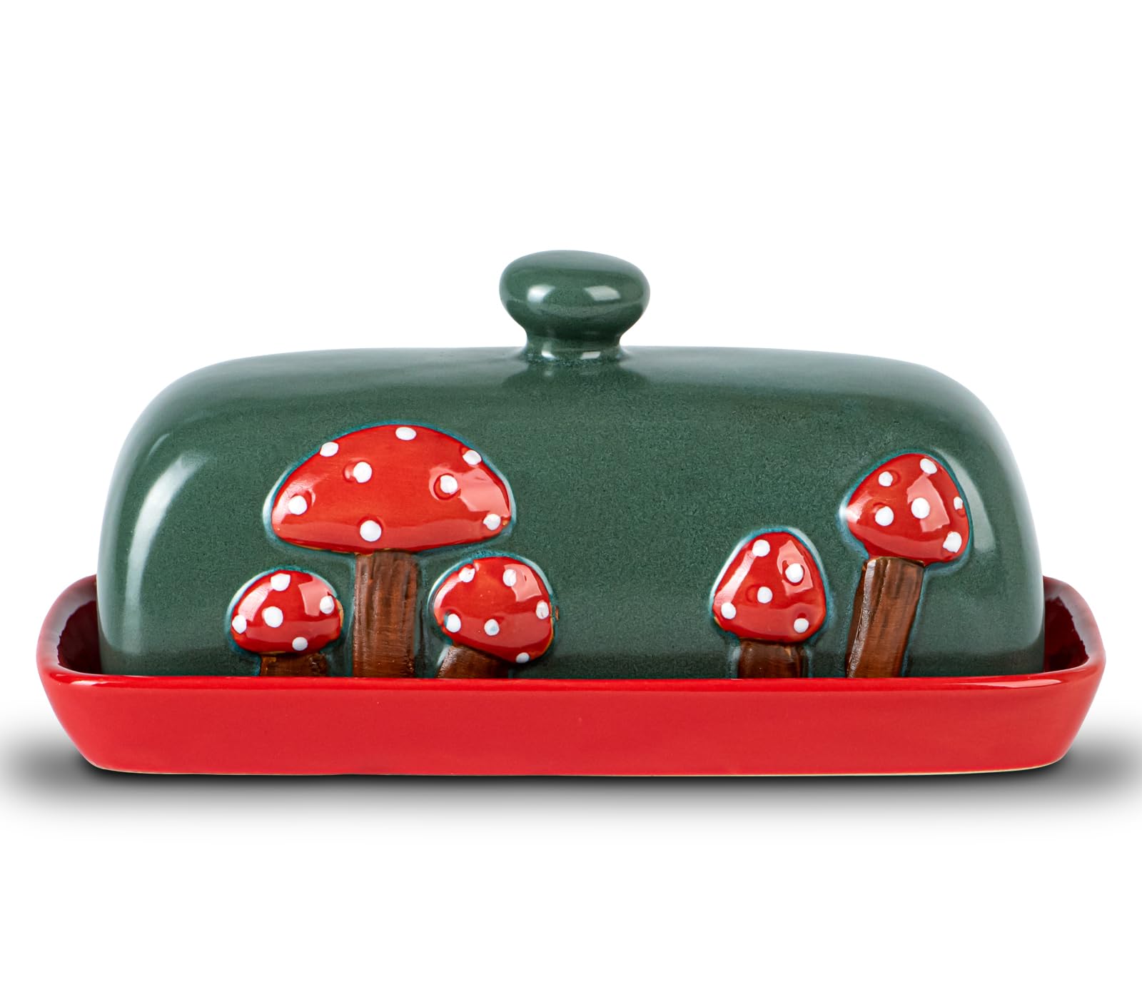 dgudgu mushroom ceramic butter dish with lid on red base keeps butter fresh.