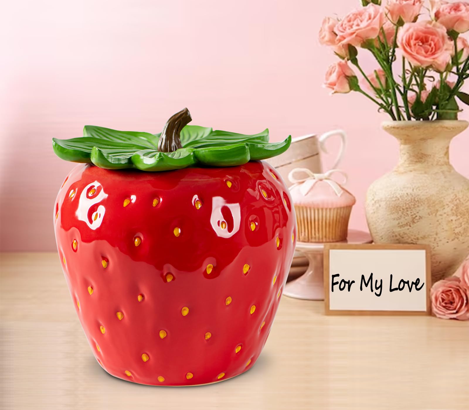 dgudgu strawberry candy jar lid detail shows stem and leaf for stylish storage.