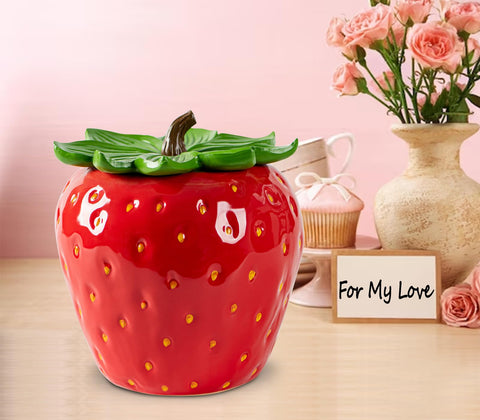 dgudgu strawberry candy jar lid detail shows stem and leaf for stylish storage.