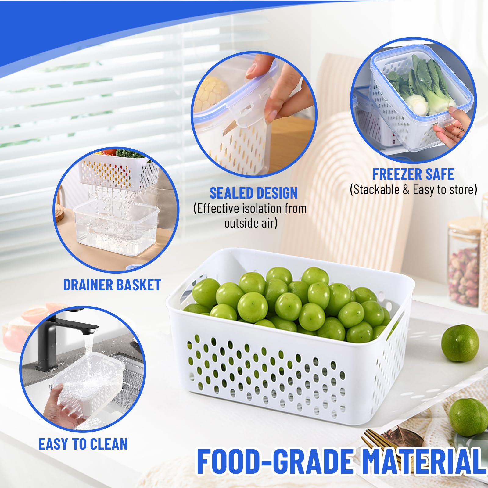 DharBnt fridge container with removable colander for easy rinse and drain